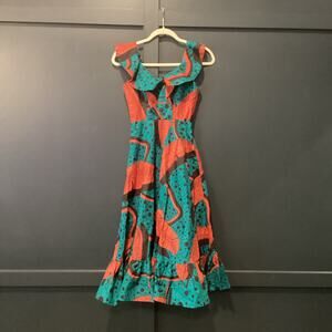 Sika Mia leaf Ruffle cotton sleeveless midi teal black tropical dress 0 NWT